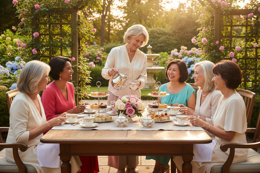 women between 40 - 75 enjoying a tea party with a hostess
